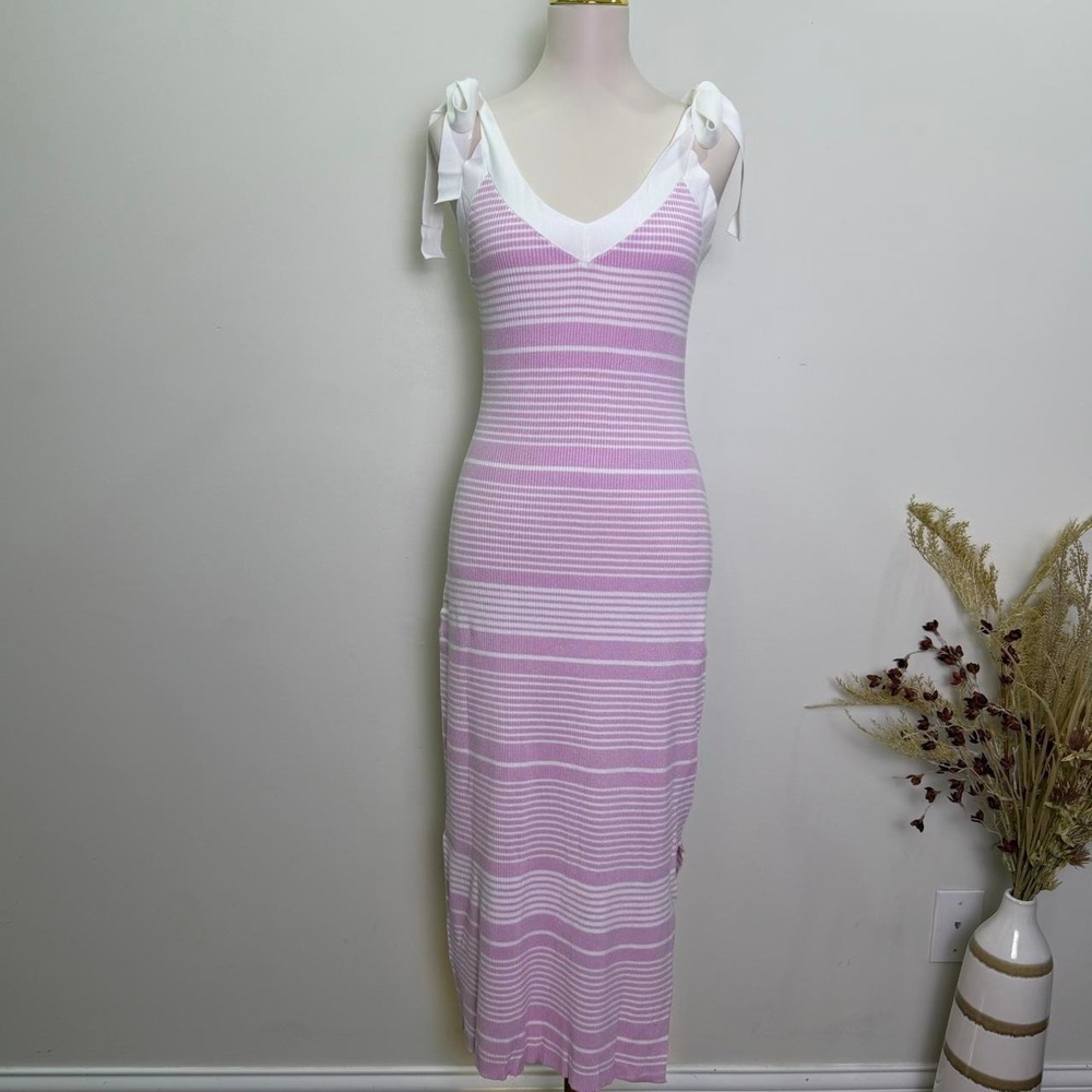 Pink‎ & White Striped Tie-Shoulder Ribbed Knit Maxi Dress Size Small